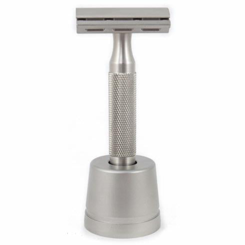 Rockwell Brushed Stainless Steel Safety Razor Stand with Razor