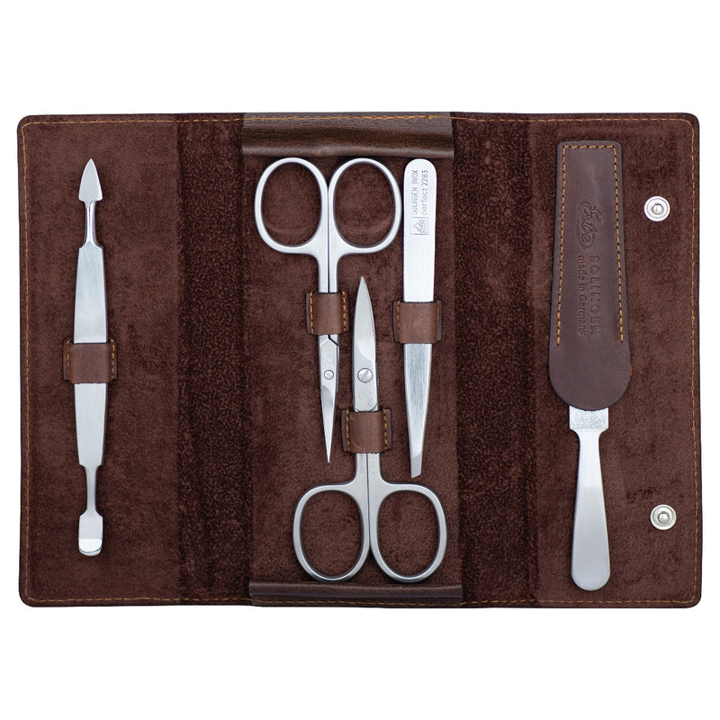 Becker of Germany 5 Piece Manicure Set In Brown Leather Case